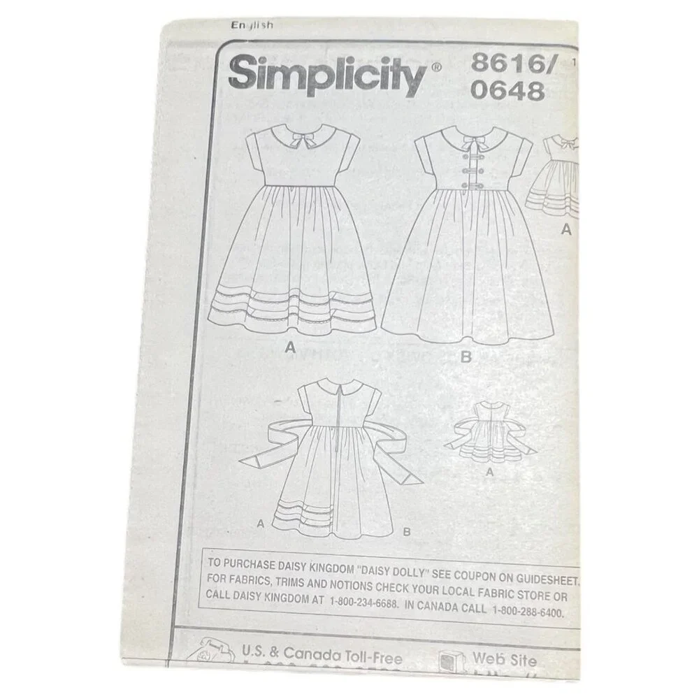 Daisy Kingdom Simplicity 8616 Sewing Pattern Girl Dress Size 3-6 Doll Dress 18